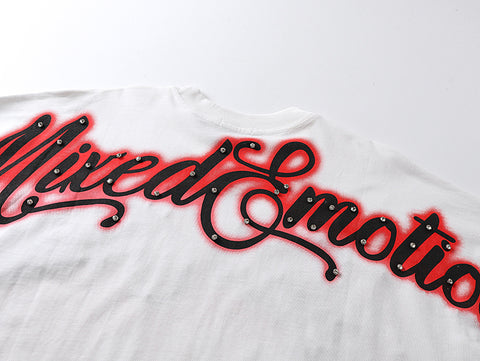 MIXED EMOTIO Abstract Angel Red‑Glow Rhinestone Cursive Graphic Short Sleeve T‑Shirt