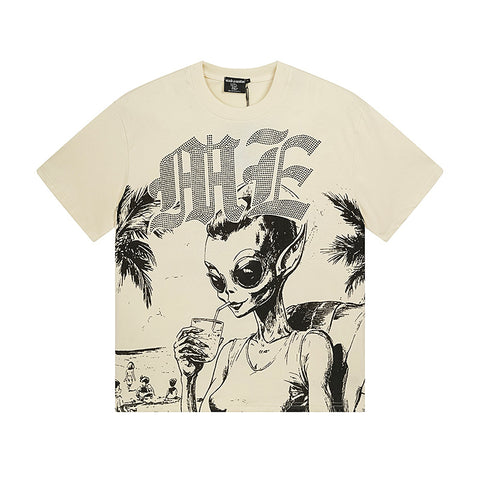 MIXED EMOTIO Alien Beach Vacation Cream Graphic Short Sleeve T‑Shirt