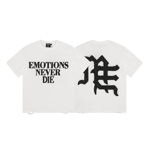 MIXED EMOTIO Emotions Never Die Black Distressed Text Graphic Short Sleeve T‑Shirt