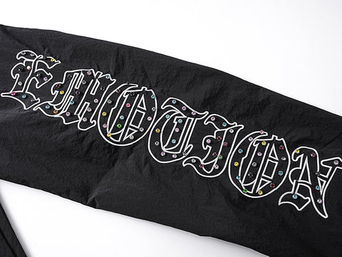 MIXED EMOTIO Rhinestone Letter Print Wide‑Leg Nylon Track Pants