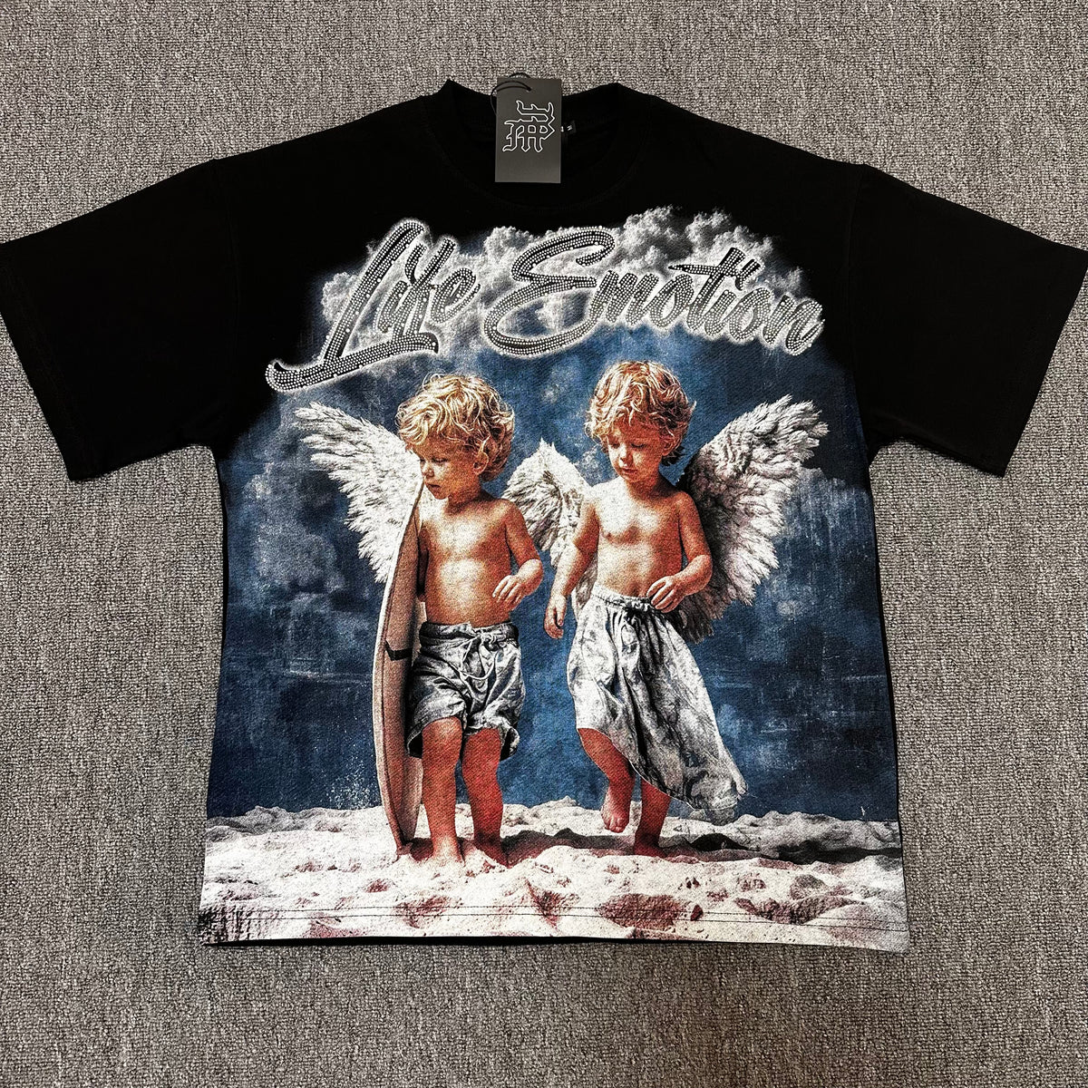 MIXED EMOTIO Life Emotion Two Surfing Angels Black Short Sleeve T‑Shirt