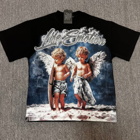 MIXED EMOTIO Life Emotion Two Surfing Angels Black Short Sleeve T‑Shirt