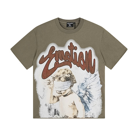MIXED EMOTIO Blindfolded Cherub Rhinestone Olive Graphic Short Sleeve T‑Shirt