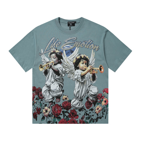 MIXED EMOTIO Life Emotion Trumpet‑Playing Angels Teal Short Sleeve T‑Shirt